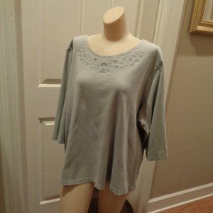 3X gray top with embroidery and sparkle embellishments 3/4 sleeve